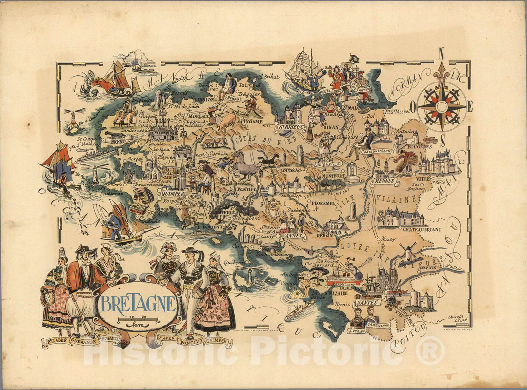 Historic Map : France, Bretagne. Jacques Liozu 1951 , Vintage Wall Art