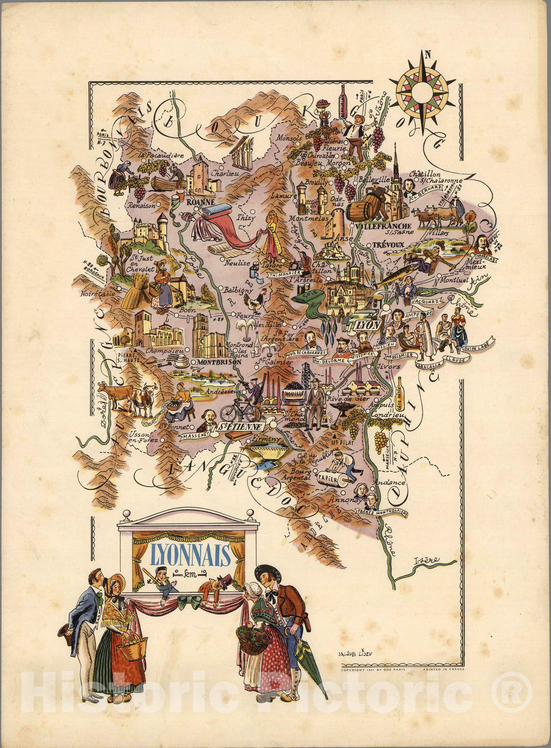 Historic Map : France, Lyonnais. Jacques Liozu 1951 , Vintage Wall Art