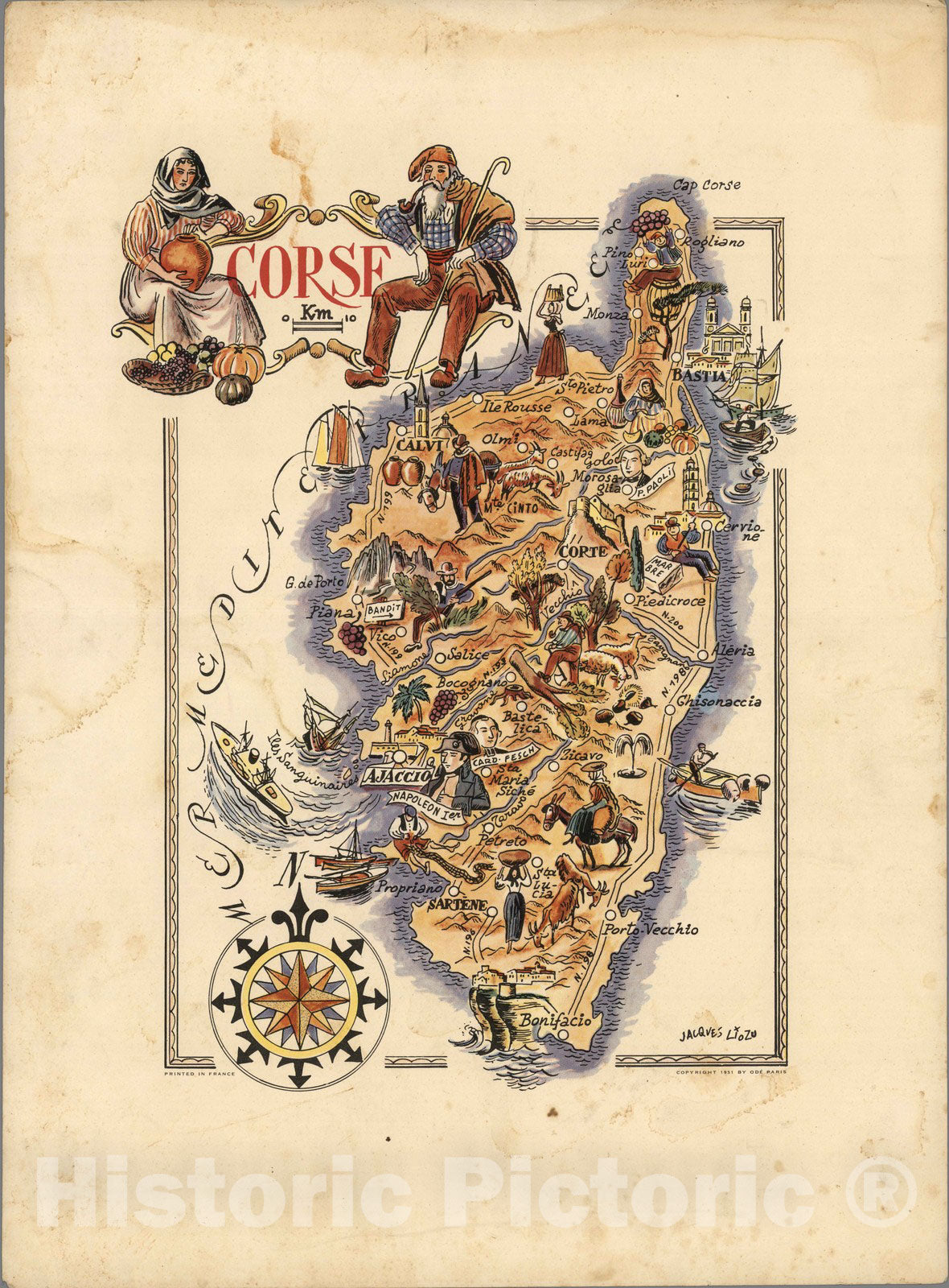 Historic Map : France, Corsica , France Corse. Jacques Liozu 1951 , Vintage Wall Art