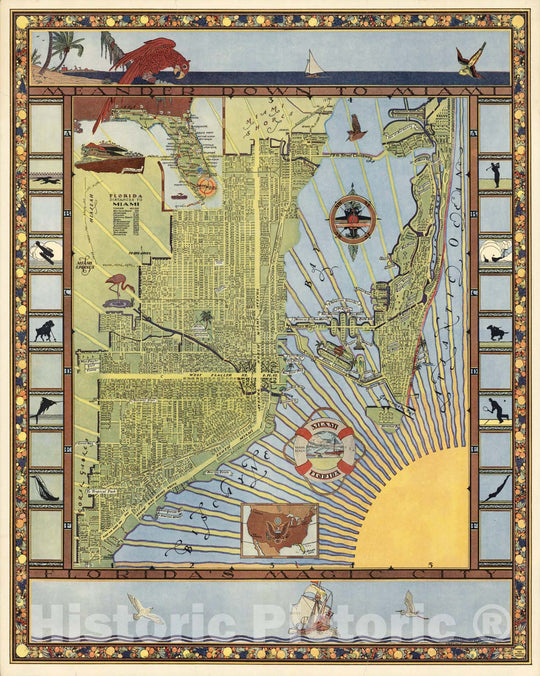 Historic Map - Meander down to Miami Florida's magic city 1935 - Vintage Wall Art