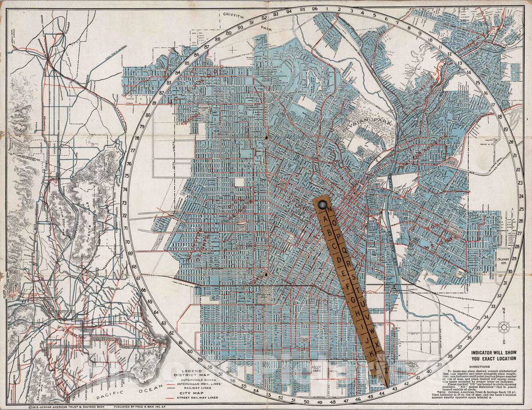 Historic Map : E-Z guide map of Los Angeles, California, 1915 - Vintage Wall Art