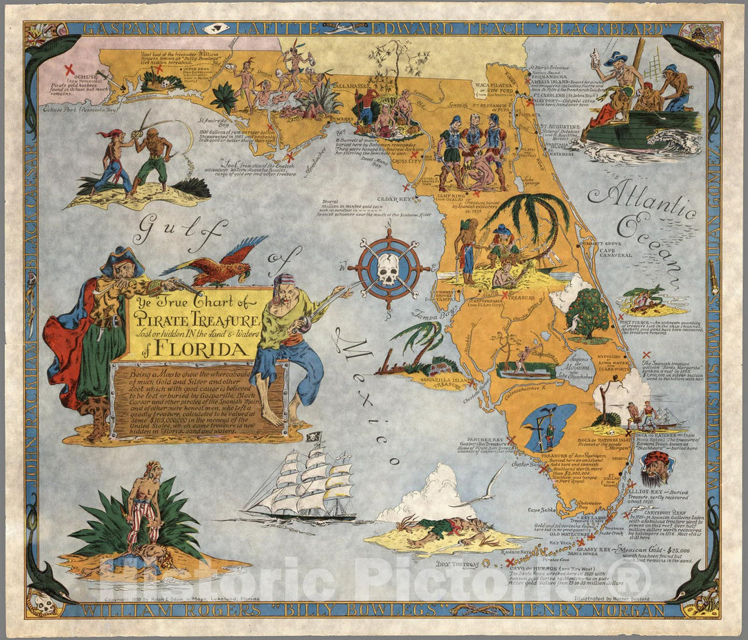 Historic Map : Ye True Chart of Pirate Treasure Lost or Hidden in the Land and Waters of Florida, 1950, Warner Sanford, Vintage Wall Art