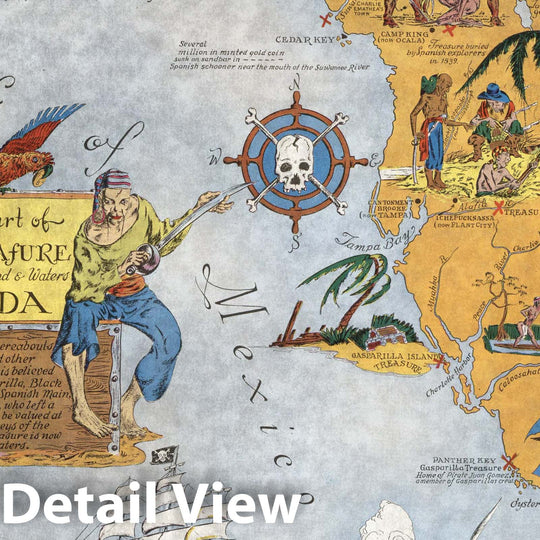 Historic Map : Ye True Chart of Pirate Treasure Lost or Hidden in the Land and Waters of Florida, 1950, Warner Sanford, Vintage Wall Art