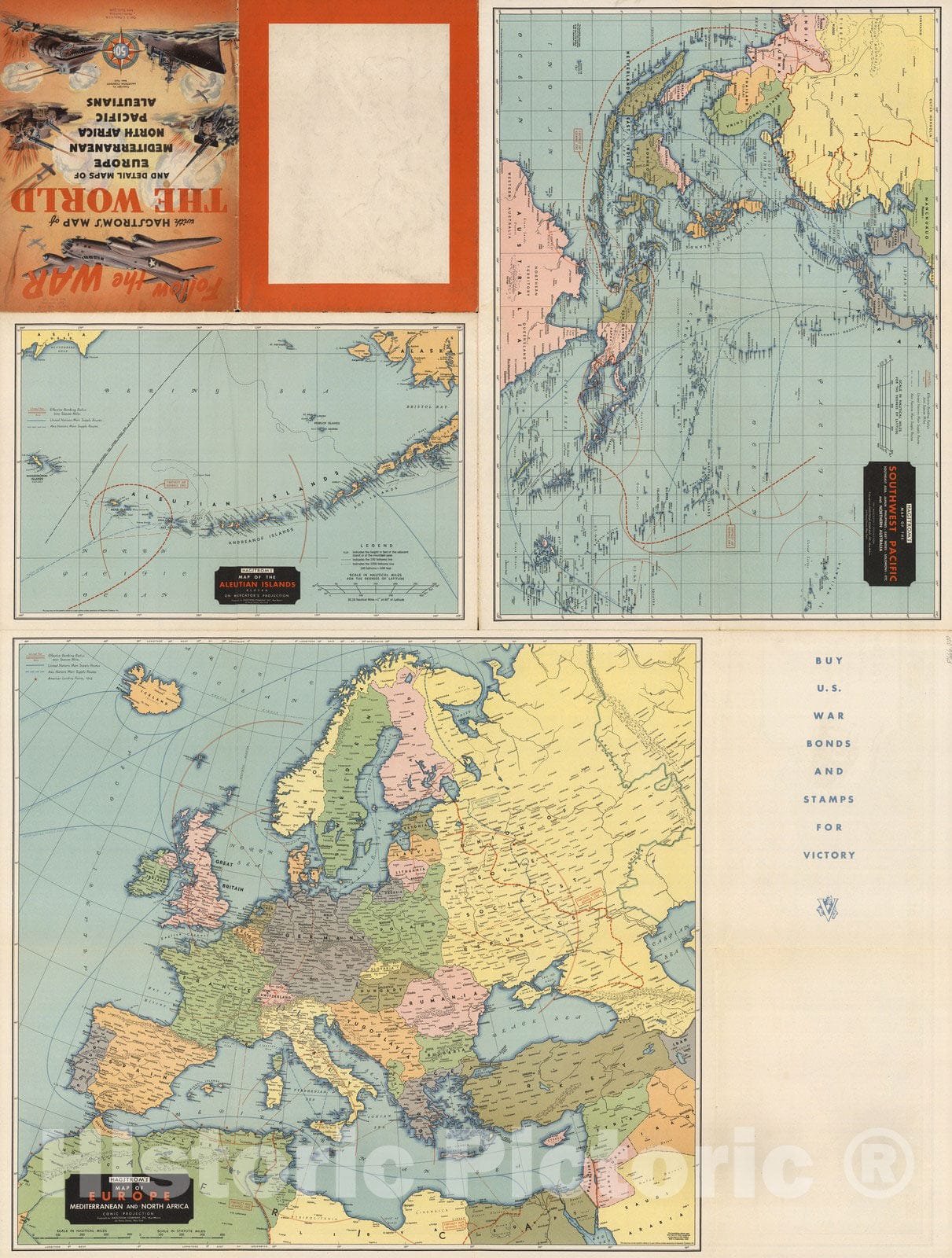 Historic Map : Aleutian Islands, Alaska. Europe, Mediterranean and North Africa. Southwest Pacific. 1942 v1 - Vintage Wall Art