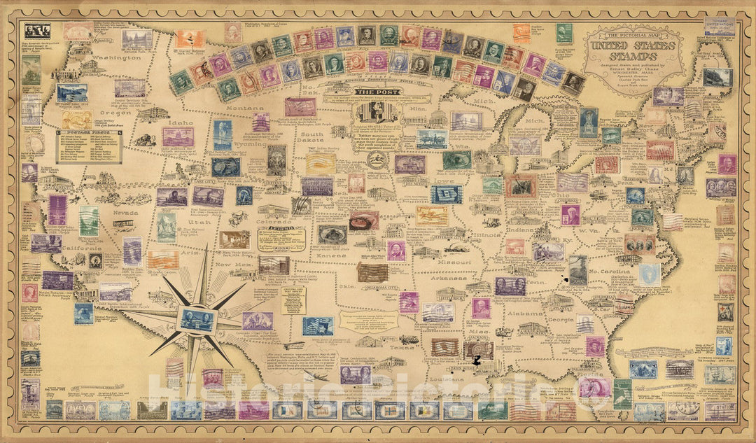 Historic Map : The pictorial map : United States Stamps, 1949 - Vintage Wall Art