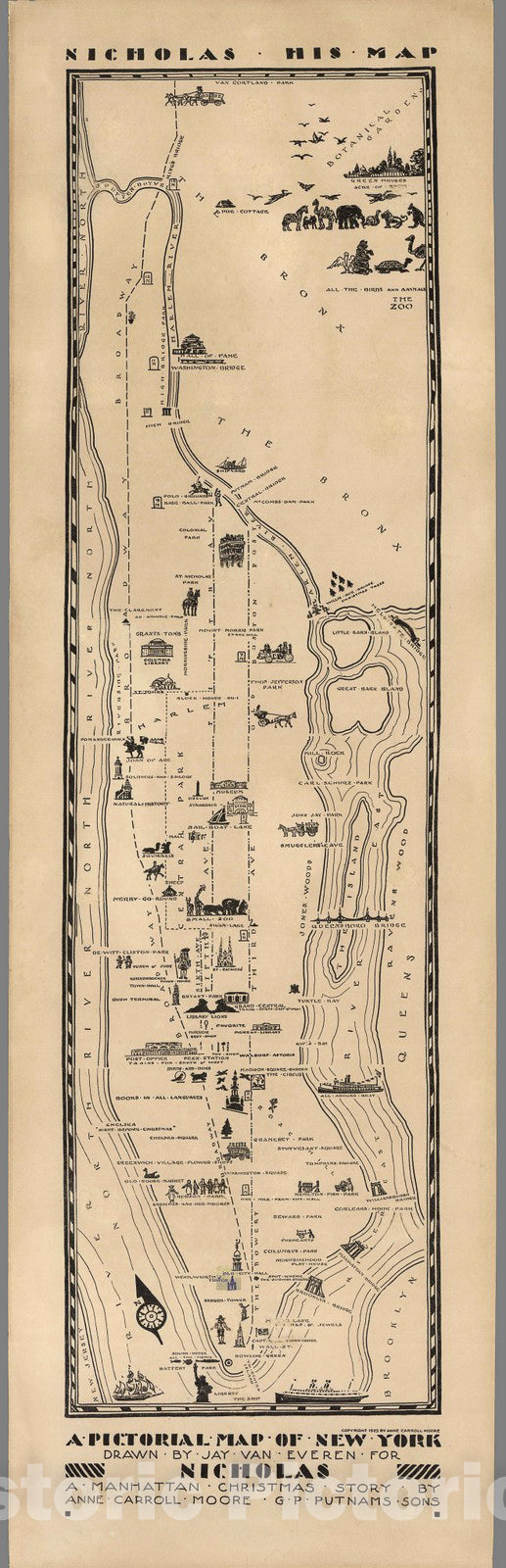 Historic Map : Nicholas. His map. Pictorial map of New York Drawn by Jay Van Evern, 1923, Vintage Wall Decor