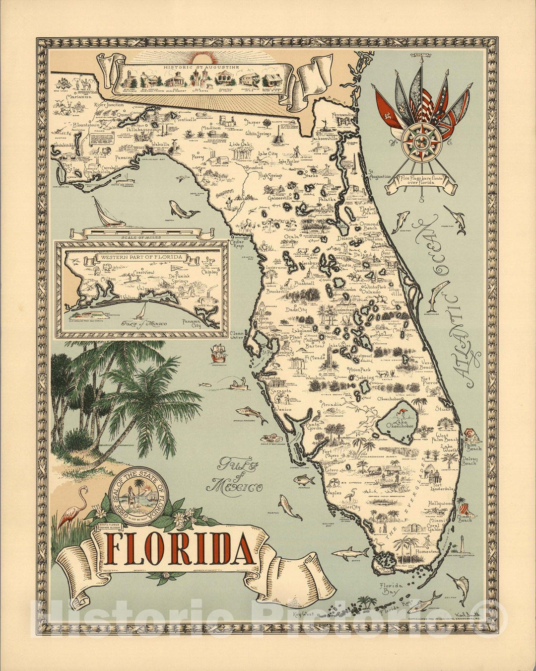 Historic Map - Florida. (inset: Western part of Florida). Five flags have flown over Florida. 1953 - Vintage Wall Art