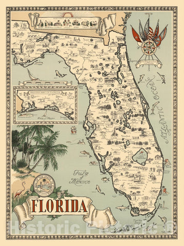 Historic Map - Florida. (inset: Western part of Florida). Five flags have flown over Florida. 1953 - Vintage Wall Art