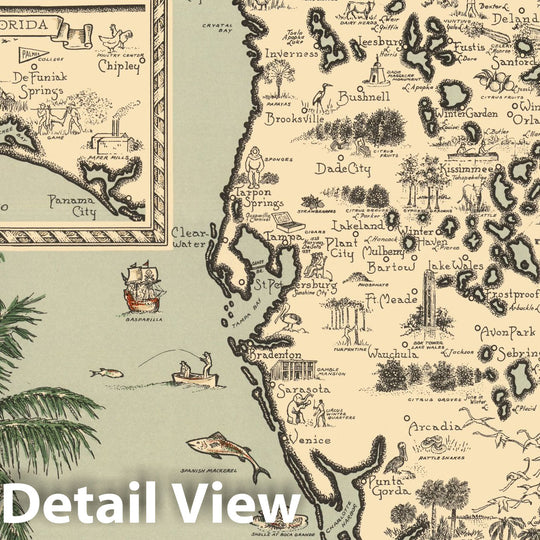 Historic Map - Florida. (inset: Western part of Florida). Five flags have flown over Florida. 1953 - Vintage Wall Art