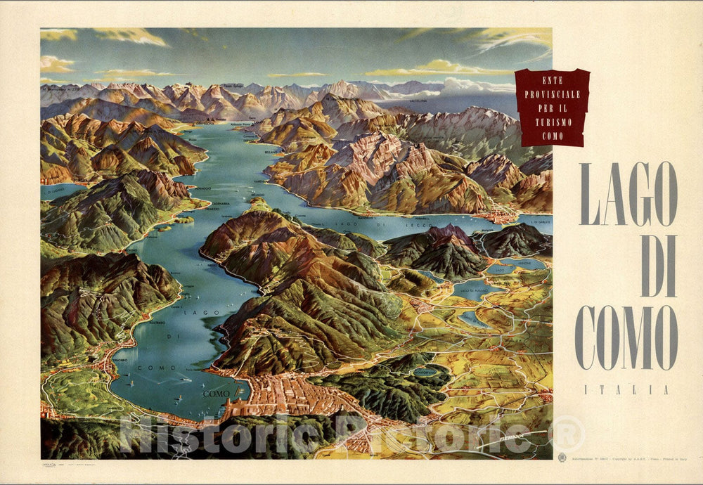 Historic Map : Como, Italy, Lake Italy Lago di Como, Italia. 1957 , Vintage Wall Art