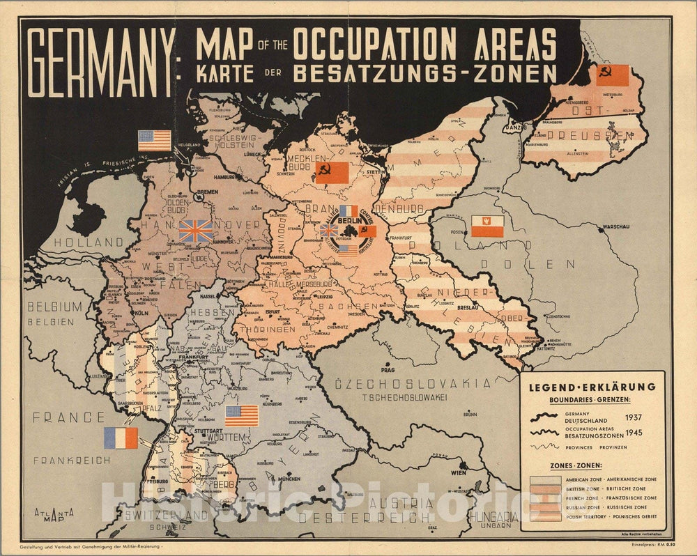 Historic Map : Germany, Germany: Map of The Occupation Areas. Carte der Besatzungs - Zonen, 1945 , Vintage Wall Art