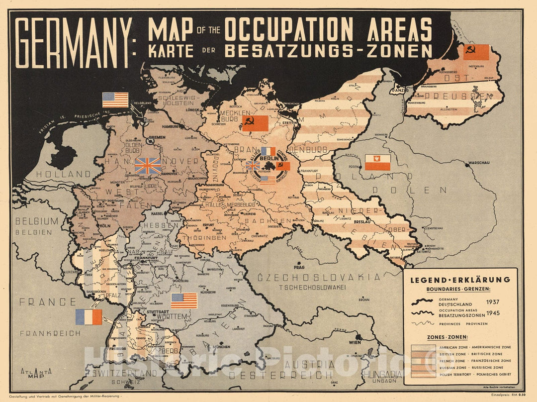 Historic Map : Germany, Germany: Map of The Occupation Areas. Carte der Besatzungs - Zonen, 1945 , Vintage Wall Art