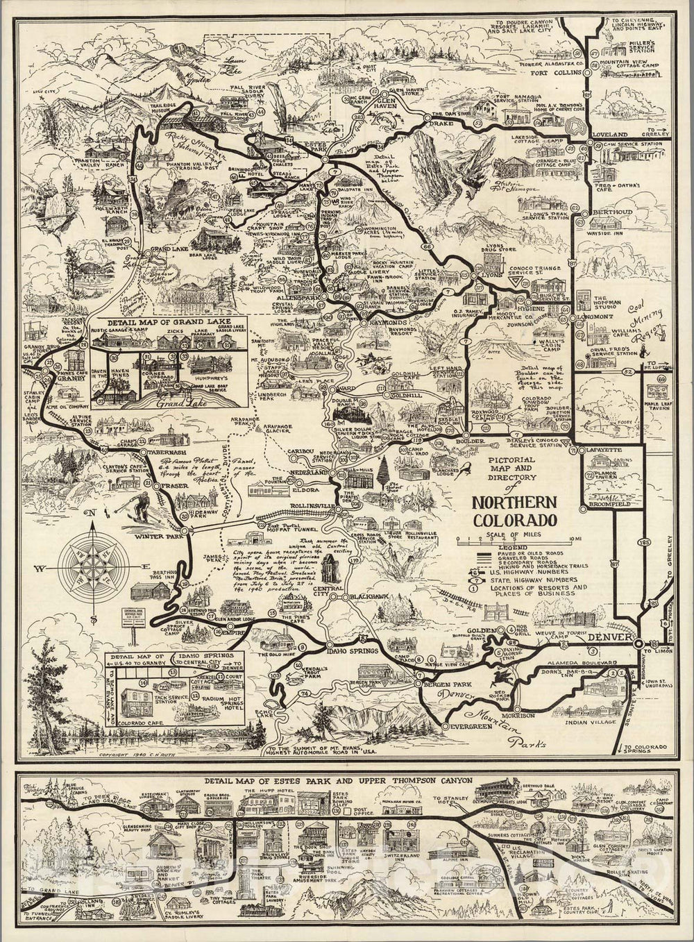 Historic Map - Pictorial Map and Directory of Northern Colorado. Map of Estes Park and Upper Thompson Canyon, 1940 - Vintage Wall Art