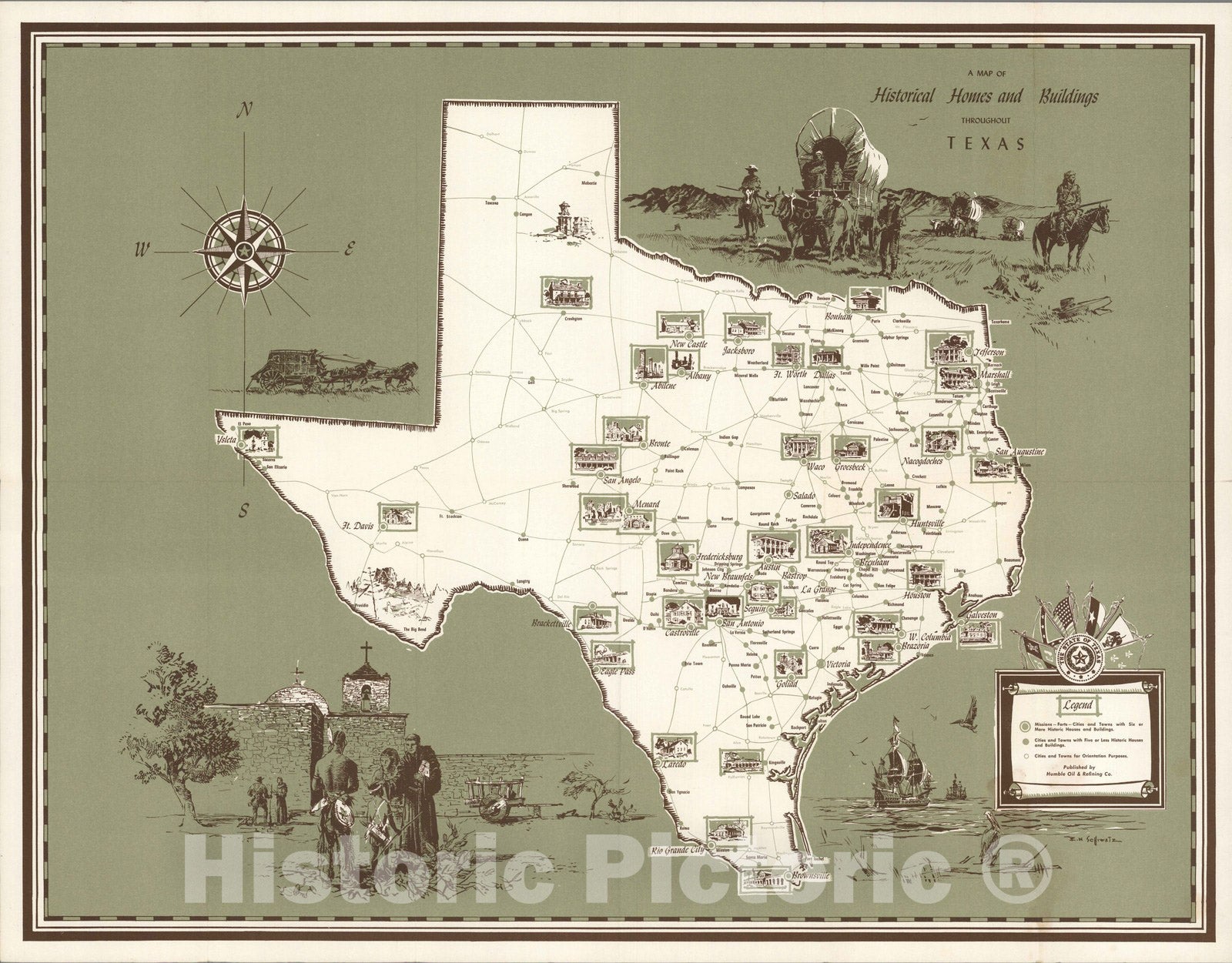 Historic Map - A Map of Historical Homes and Buildings Throughout Texas, 1957, Edward Muegge Schiwetz - Vintage Wall Art