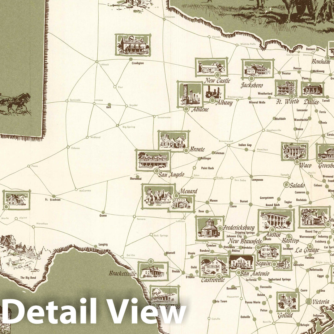 Historic Map - A Map of Historical Homes and Buildings Throughout Texas, 1957, Edward Muegge Schiwetz - Vintage Wall Art