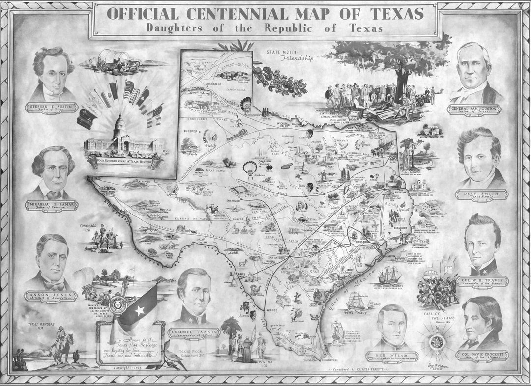 Historic Map - Official Centennial Map of Texas. Daughters of the Republic of Texas, 1934, - Vintage Wall Art