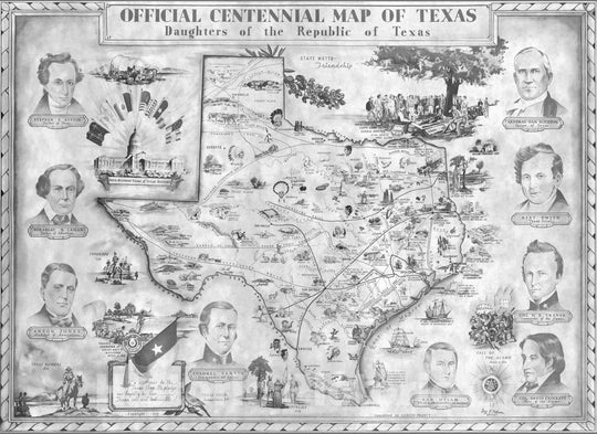 Historic Map - Official Centennial Map of Texas. Daughters of the Republic of Texas, 1934, - Vintage Wall Art