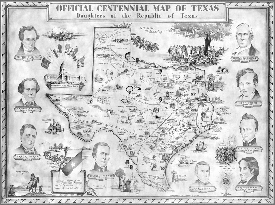 Historic Map - Official Centennial Map of Texas. Daughters of the Republic of Texas, 1934, - Vintage Wall Art