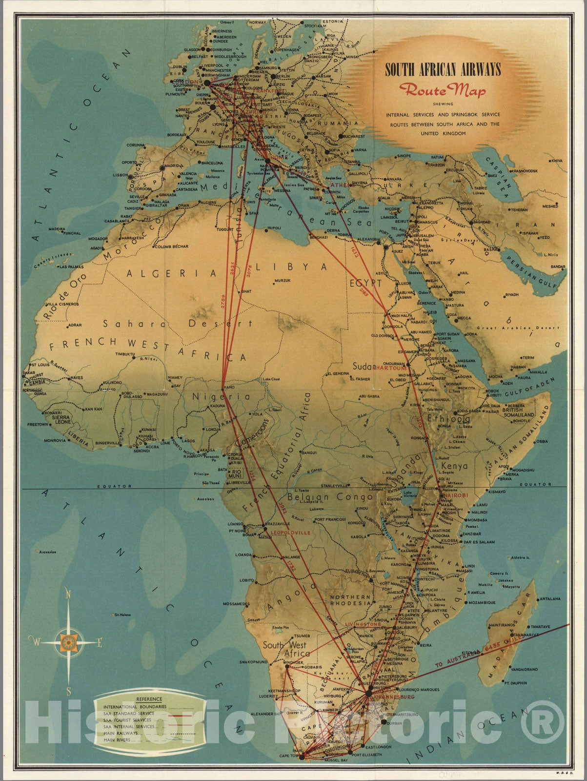 Historic Map : South African Airways Route Map, 1950 - Vintage Wall Art