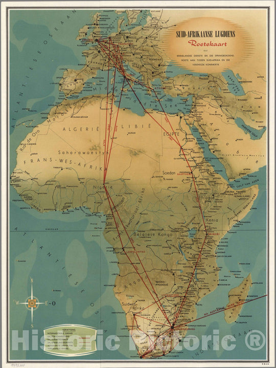 Historic Map : Suid-Afrikaanse Lugdiens Roetekaart. (South African Airways Route Map), 1950 - Vintage Wall Art