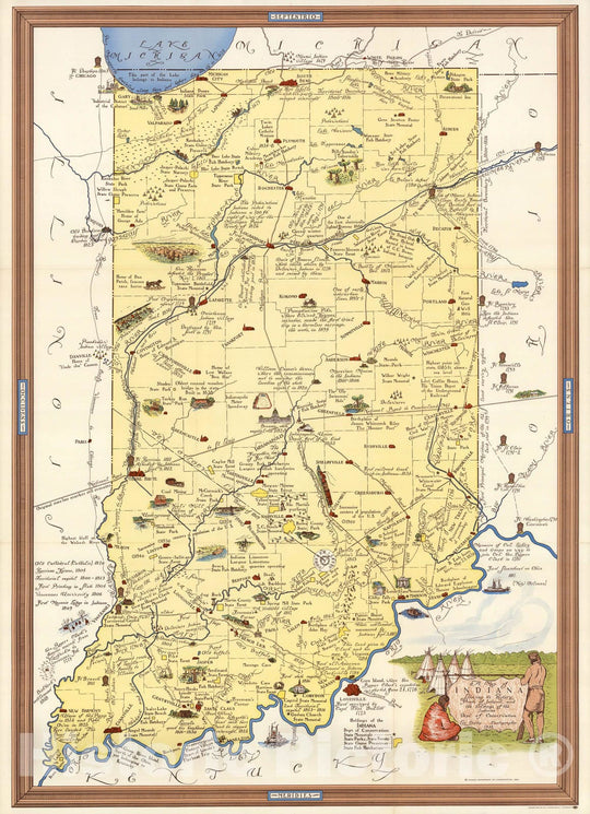 Historic Map : Indiana Showing its History, Points of Interest, and Holdings of Indiana Department of Conservation., 1954, Vintage Wall Decor