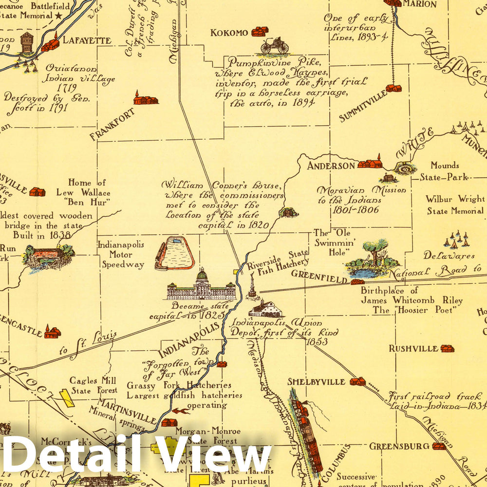 Historic Map : Indiana Showing its History, Points of Interest, and Holdings of Indiana Department of Conservation., 1954, Vintage Wall Decor