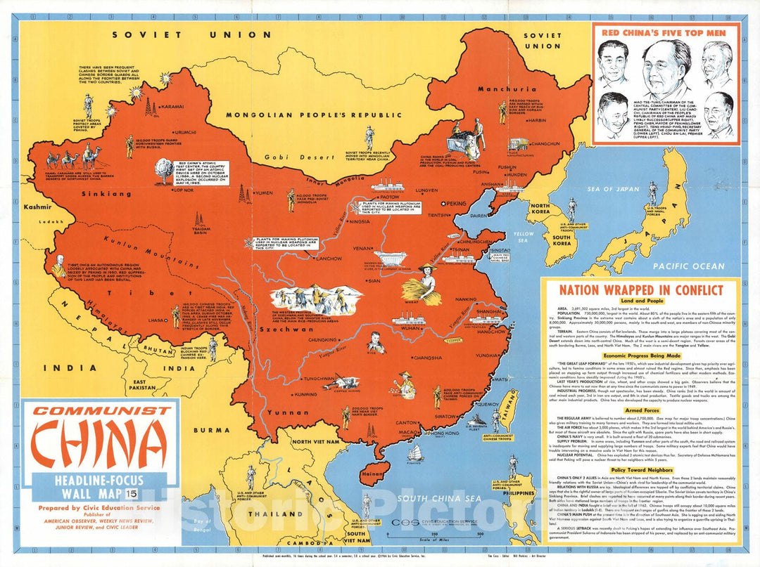 Wall Map, Communist China. 1966 - Vintage Wall Art