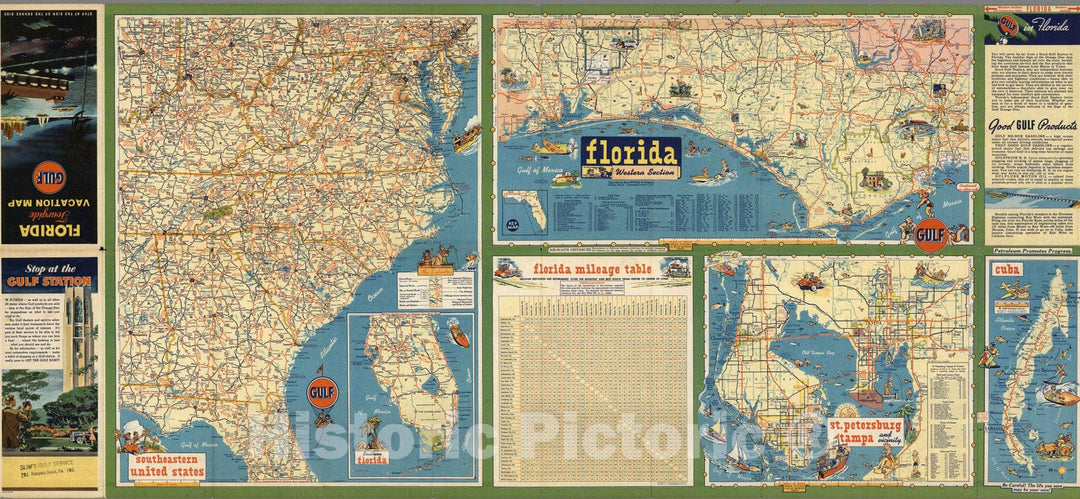 Historic Map - Florida (Western Section). Southeastern United States. St. Petersburg, Tampa and Vicinity. Cuba. 1951, Historic Map - Vintage Wall Art