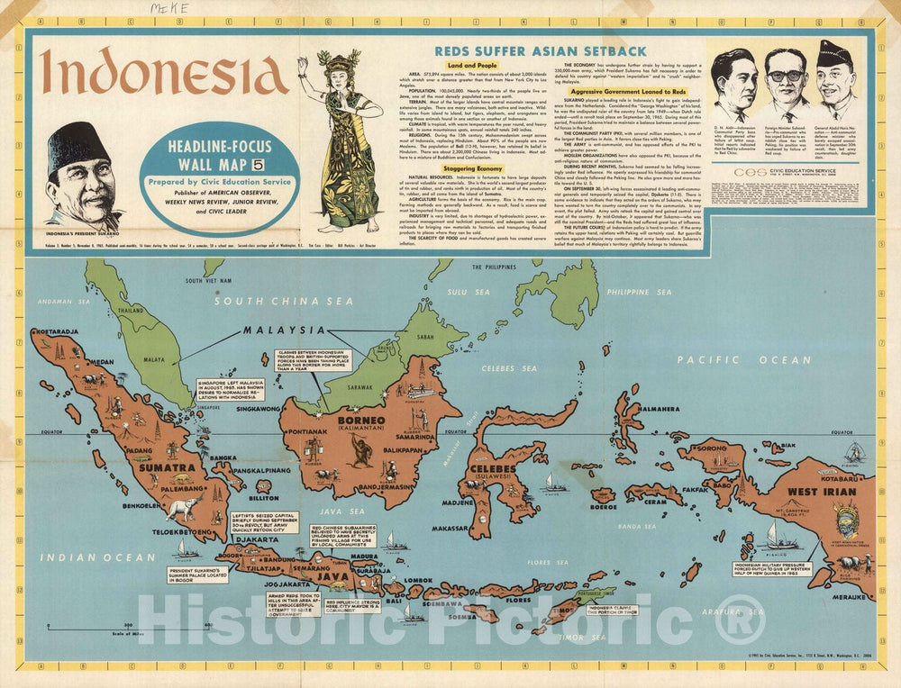 Historic Map : Indonesia, Wall Map, Indonesia. 1965 , Vintage Wall Art