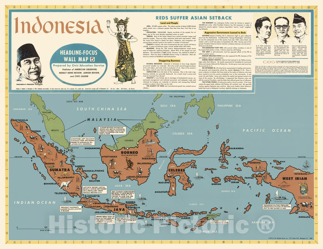 Historic Map : Indonesia, Wall Map, Indonesia. 1965 , Vintage Wall Art