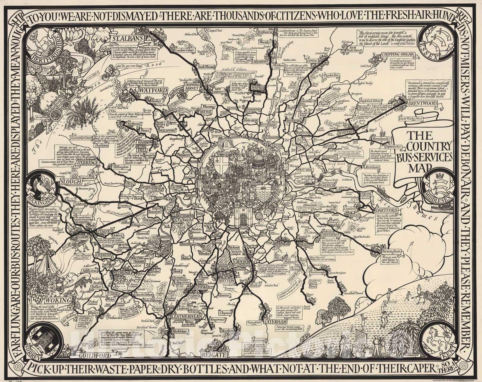 Historic Map : The Country Bus-Services Map, London and Vicinity, 1928 - Vintage Wall Art