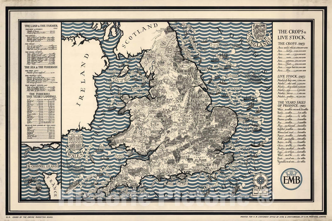 Historic Map : England. The Crops & Live Stock Land Fisheries. 1928 - Vintage Wall Art