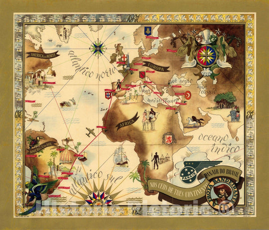 Historic Map : Panair of Brazil. In the Heaven of Three Continents. Bandeirante Fleet. 1947 - Vintage Wall Art