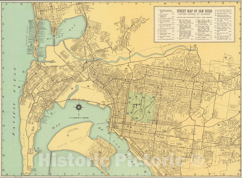 Historic Map - Street Map of San Diego City, 1935 - Vintage Wall Art