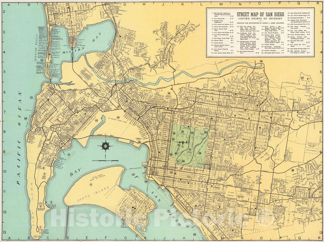 Historic Map - Street Map of San Diego City, 1935 - Vintage Wall Art