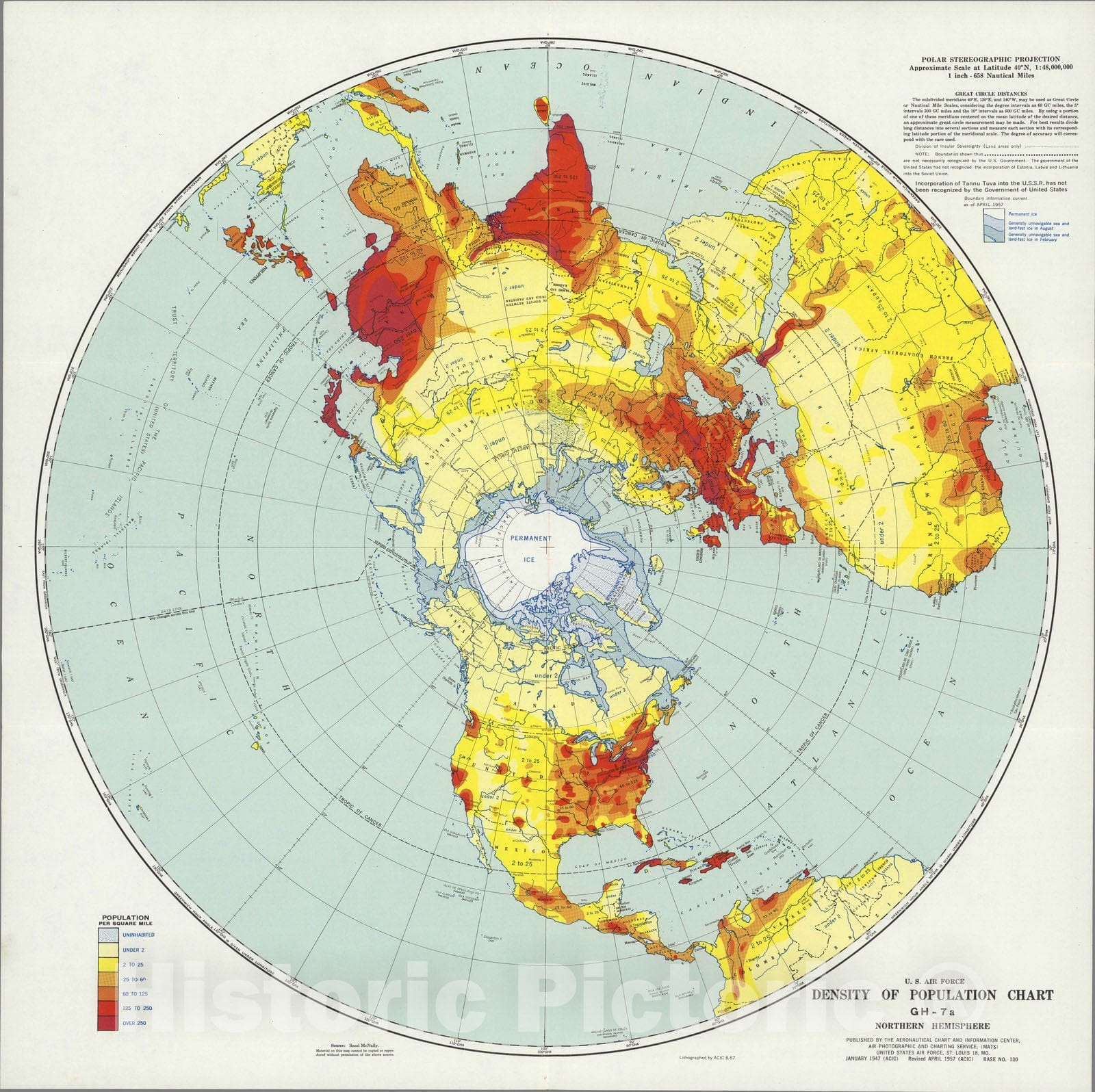 Historic Map : U.S. Air Force. Density of Population Chart GH-7a, Northern Hemisphere. 1957 - Vintage Wall Art