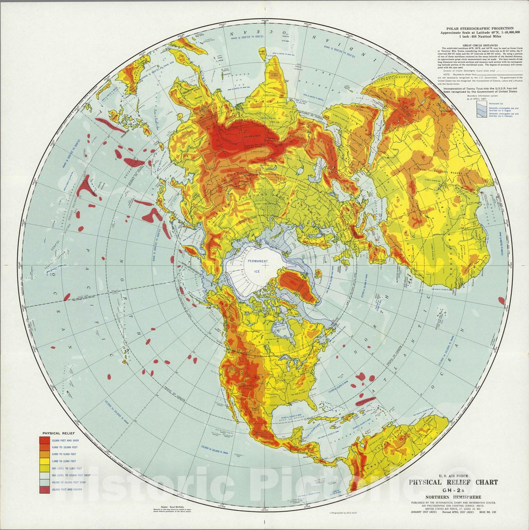 Historic Map : U.S. Air Force. Physical Relief Chart GH-2a, Northern Hemisphere. 1957 - Vintage Wall Art