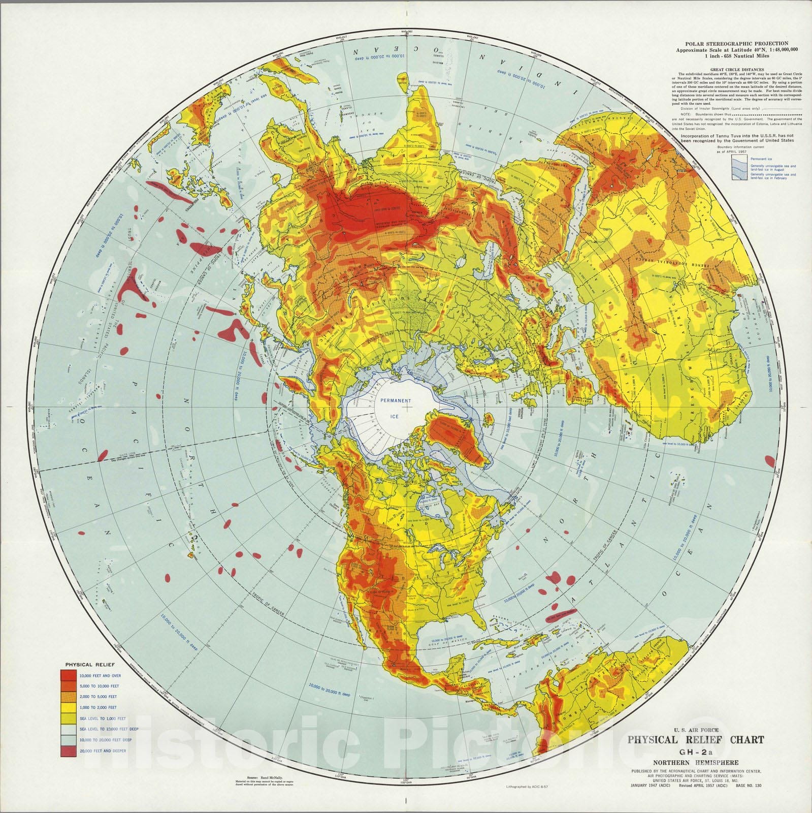 Historic Map : U.S. Air Force. Physical Relief Chart GH-2a, Northern Hemisphere. 1957 - Vintage Wall Art