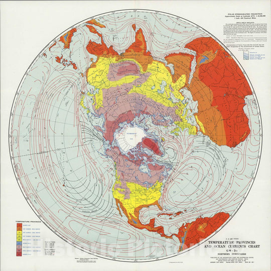 Historic Map : U.S. Air Force. Temperature Provinces and Ocean Currents Chart GH-3a, Northern Hemisphere. 1957 - Vintage Wall Art