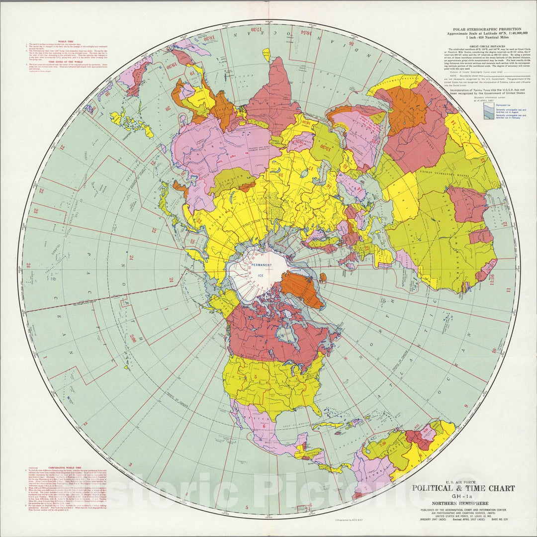 Historic Map : U.S. Air Force. Political and Time Chart GH-1a, Northern Hemisphere. 1957 - Vintage Wall Art