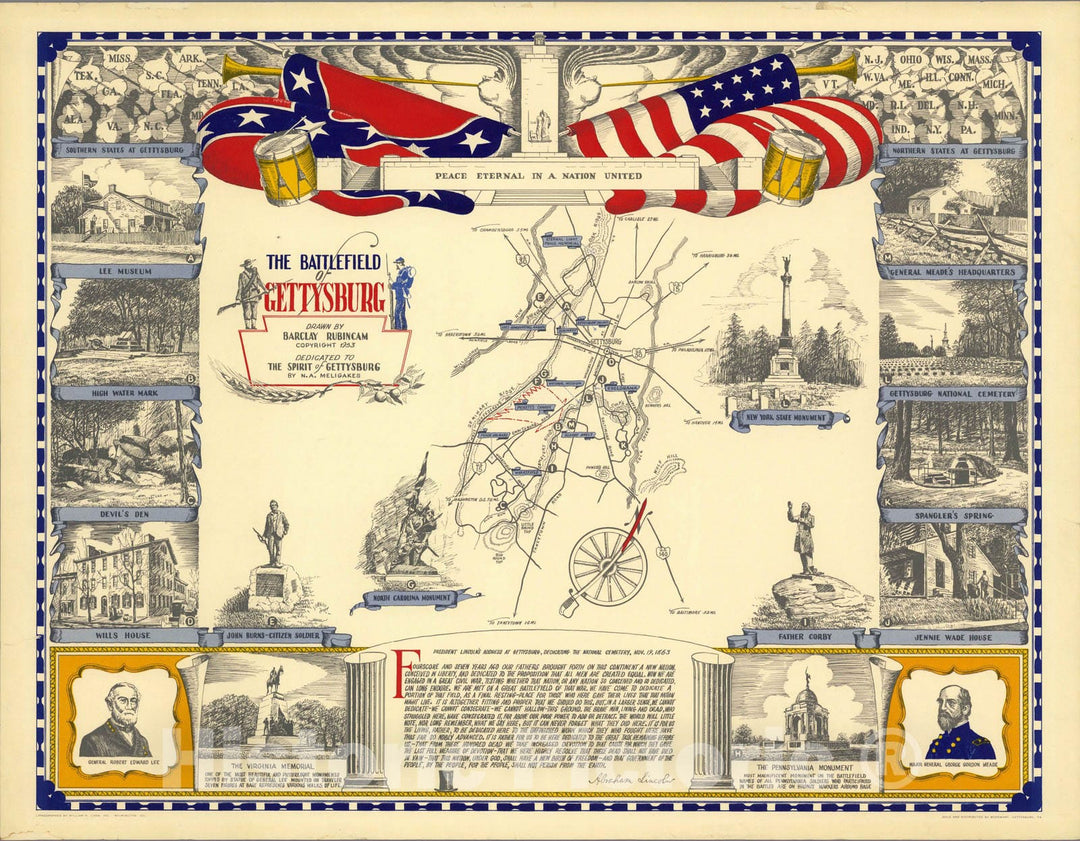 Historic Map : Battlefield of Gettysburg. 1953 - Vintage Wall Art