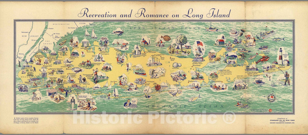 Historic Map - Recreation and Romance on Long Island. 1933 - Vintage Wall Art