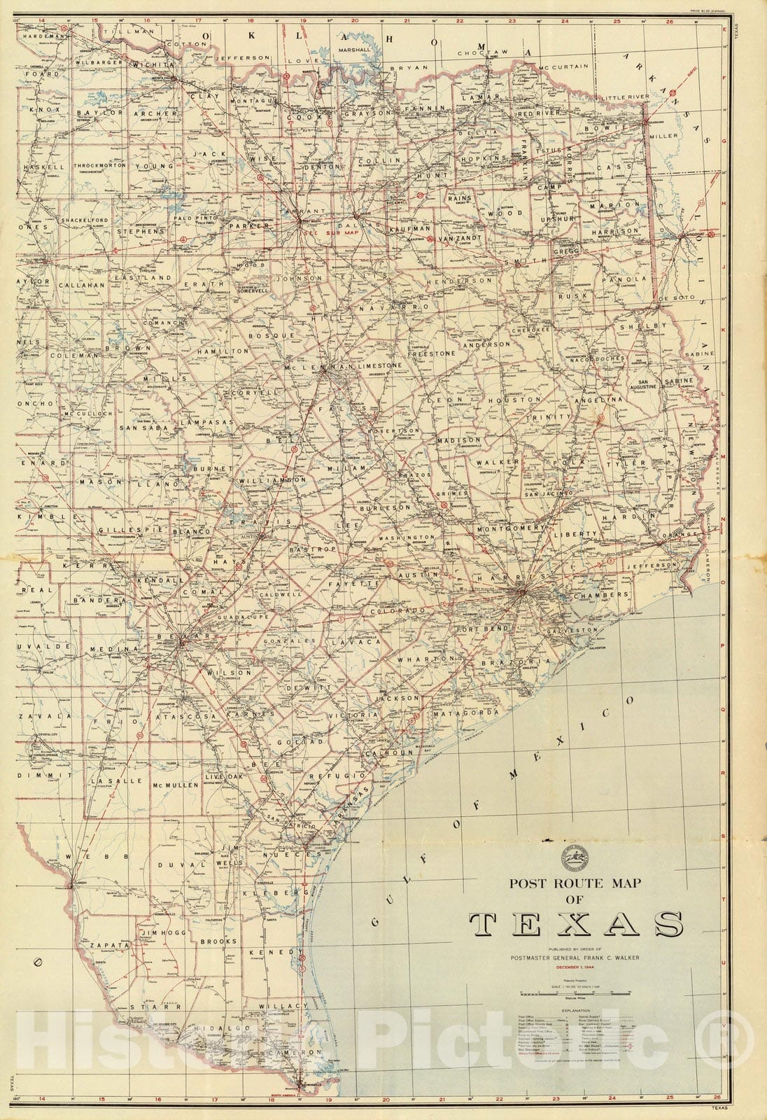 Historic Map : Post Route Map of the State of Texas December 1, 1944. (Eastern Division.) - Vintage Wall Art