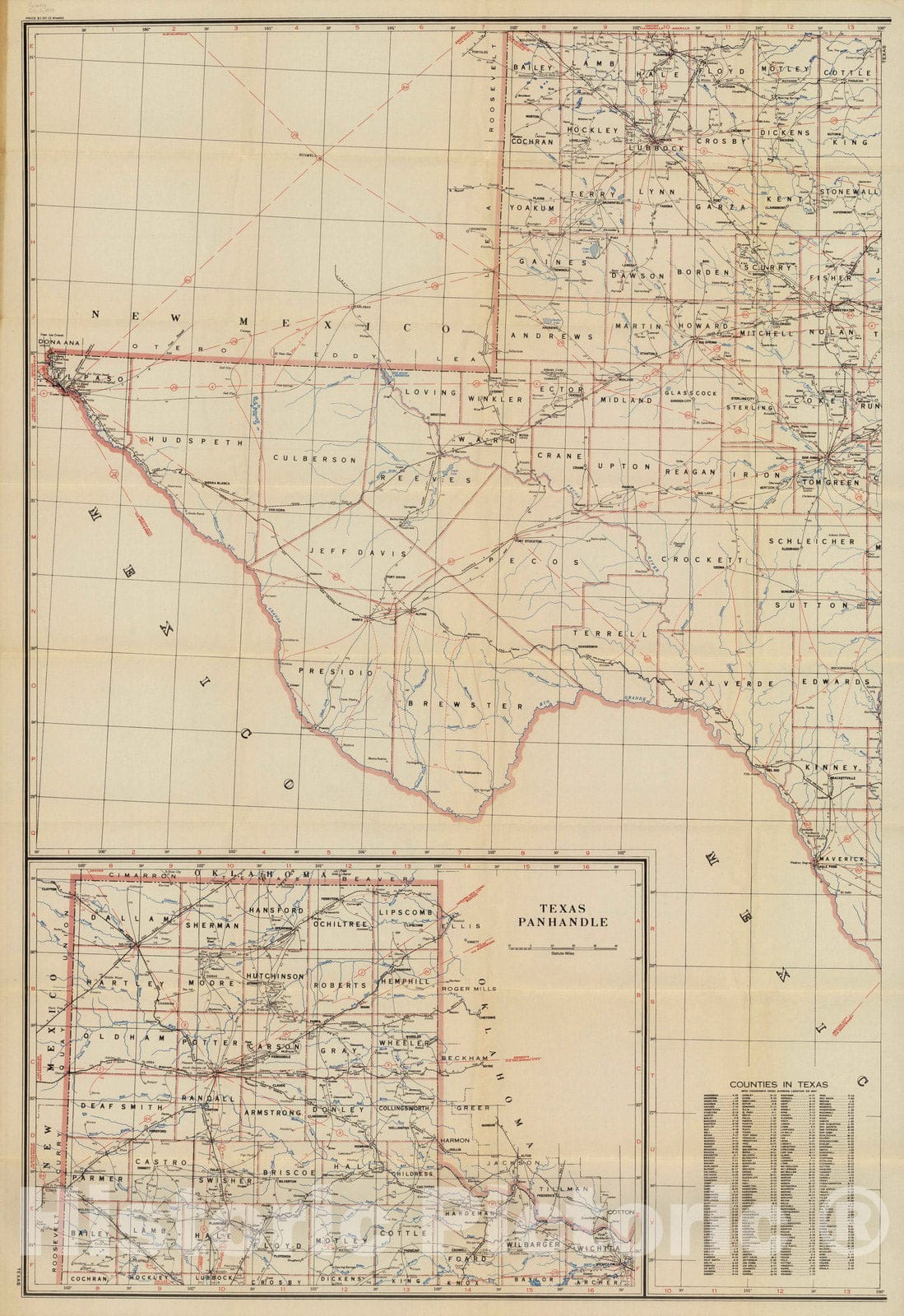 Historic Map : Post Route Map of the State of Texas July 15, 1950. (Western Division.) - Vintage Wall Art