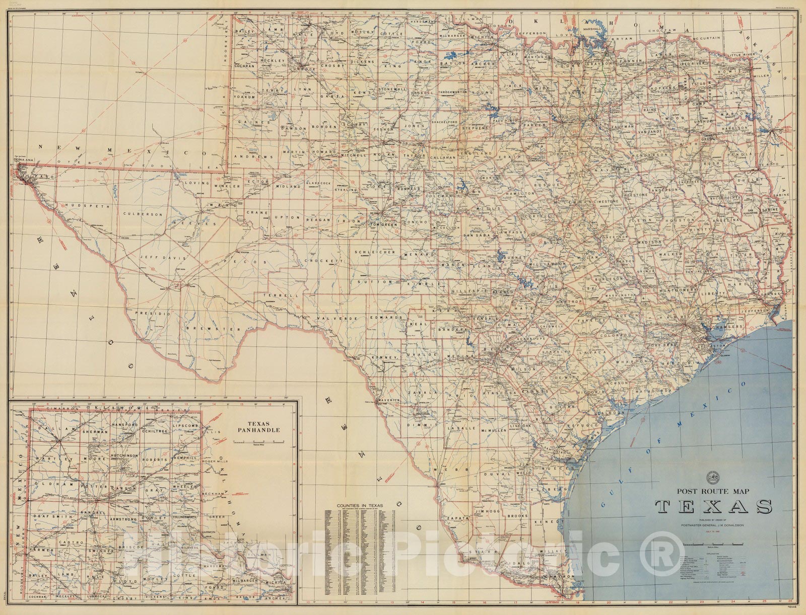 Historic Map : Composite Map: Post Route Map of the State of Texas July 15, 1950. - Vintage Wall Art