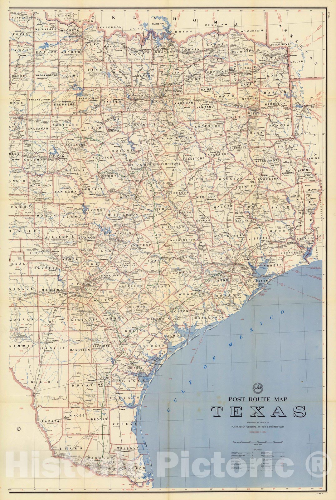 Historic Map : Post Route Map of the State of Texas December 1, 1954. (Eastern Division.) - Vintage Wall Art