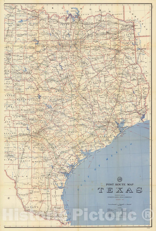 Historic Map : Post Route Map of the State of Texas December 1, 1954. (Eastern Division.) - Vintage Wall Art