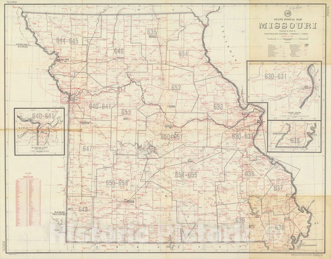 Historic Map : State Postal Map Missouri October 30, 1964. - Vintage Wall Art