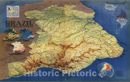 Historic Map : Brazil : A view from the southeast. Richard Edes harisson 1941 - Vintage Wall Art