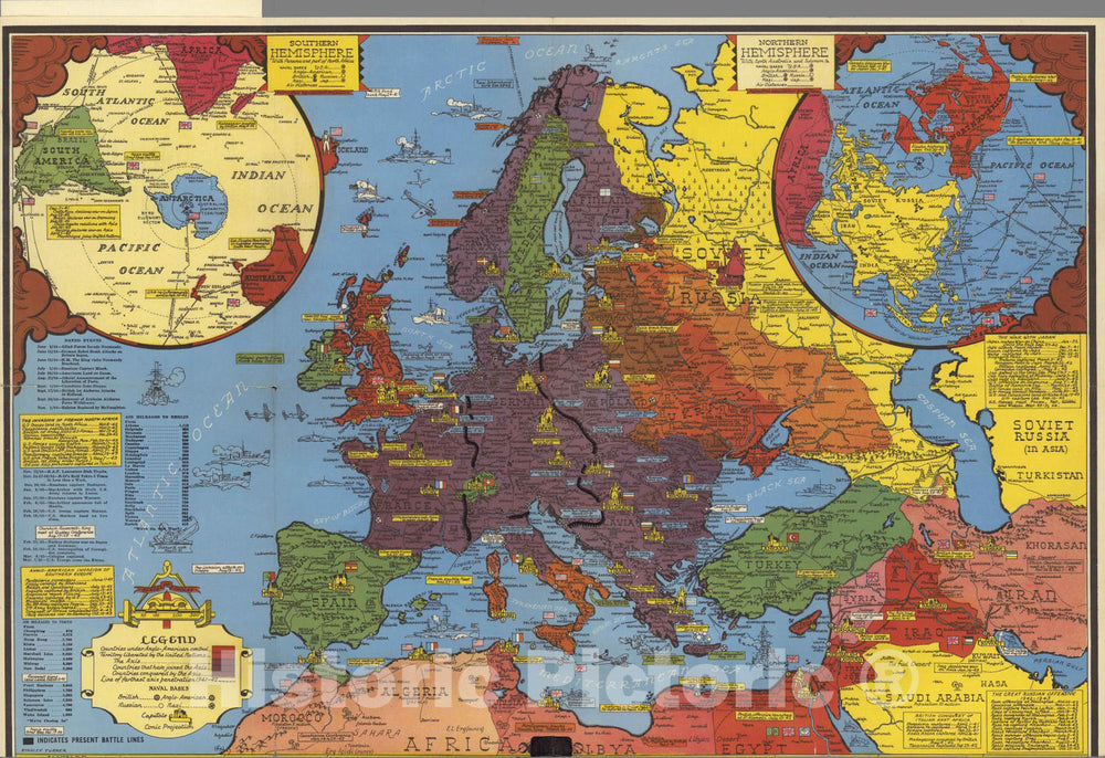 World War II map. by Stanley Turner, 1943 - Vintage Wall Art